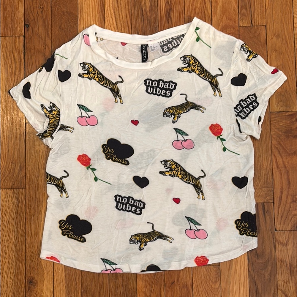Divided White Graphic Tee with Tiger and Cherry Print